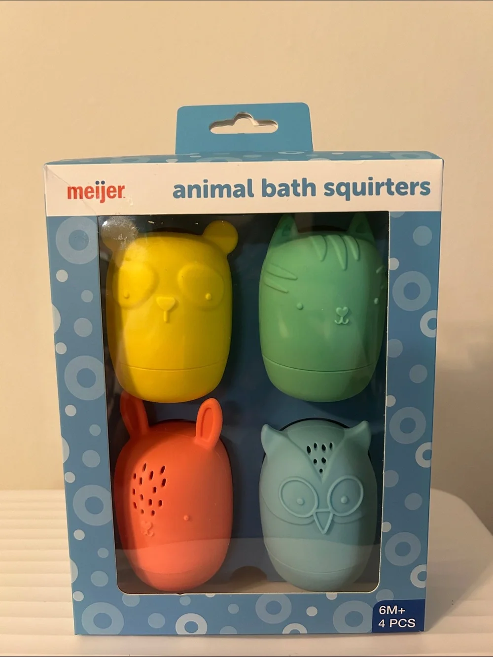 Meijer Animal Bath Squirters 4-Pack — Yellow, Green, Coral, Light Blue